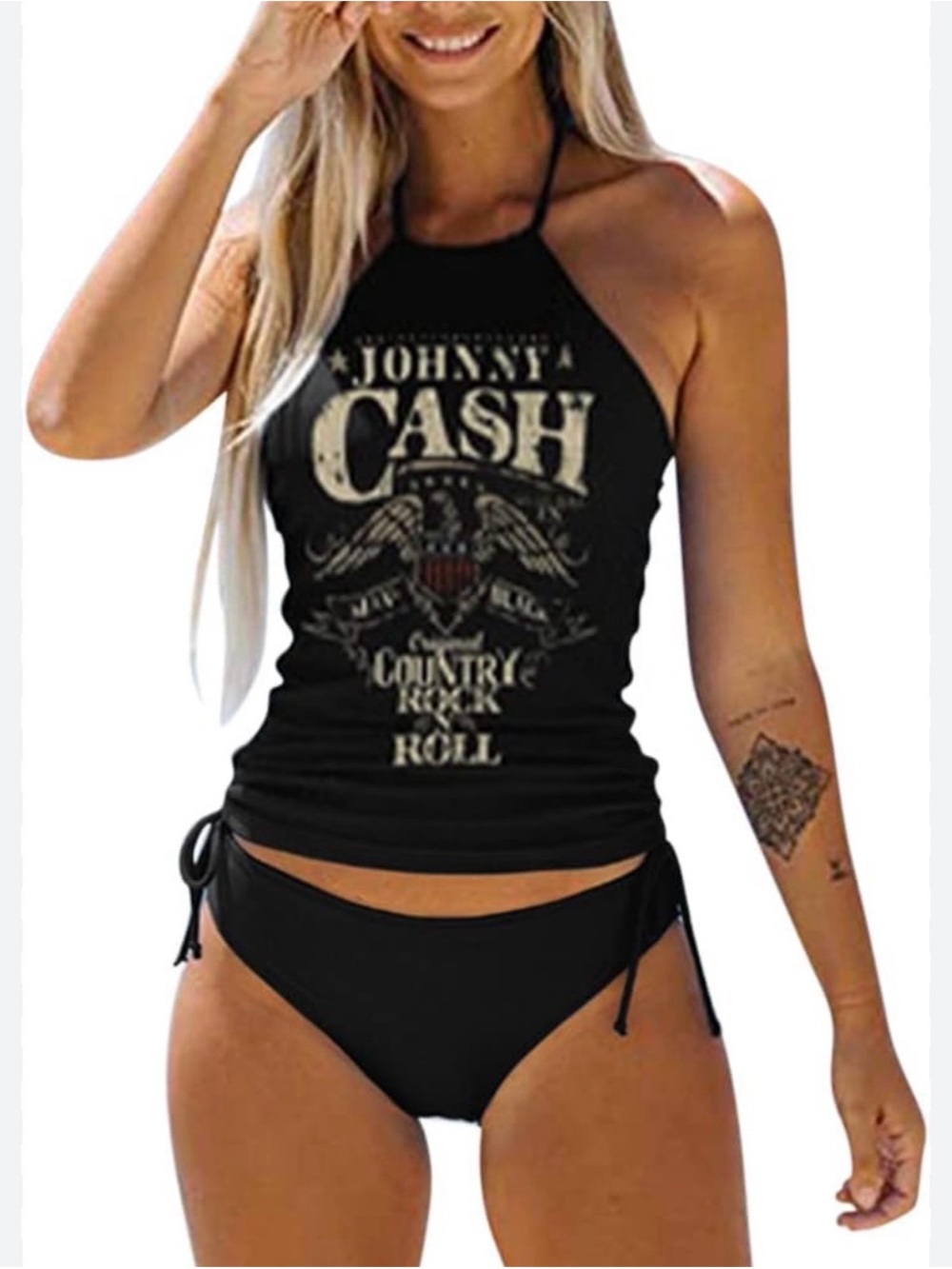 Black Halter Graphic Tank Top Johnny Cash Swim Top XXL